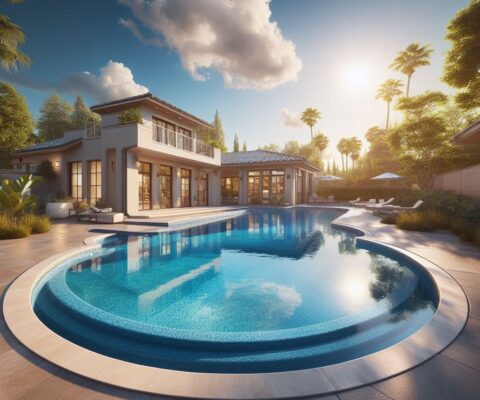 liquid chlorine vs shock, pool maintenance, beautiful pool in backyard of a mansion