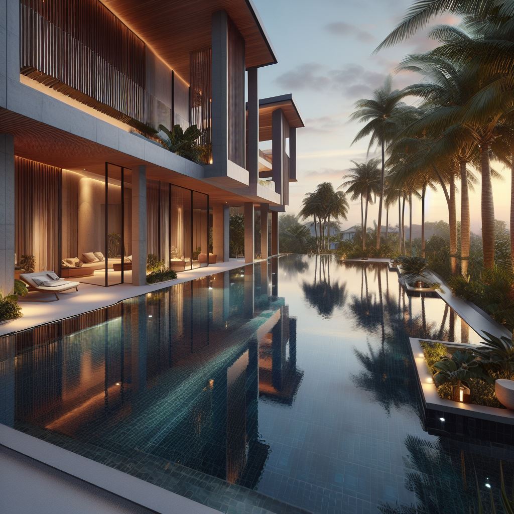 infinity edge pool, infinity pool, luxury pool in backyard of a mansion with a modern architecture design
